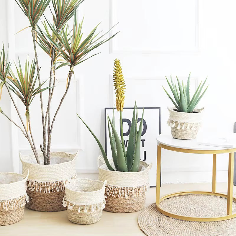 Pastoral Style Straw Flower Pot Hand-Woven Flower Basket Nordic Living Room Interior Decoration Simulation Tiger Skin Orchid Gre